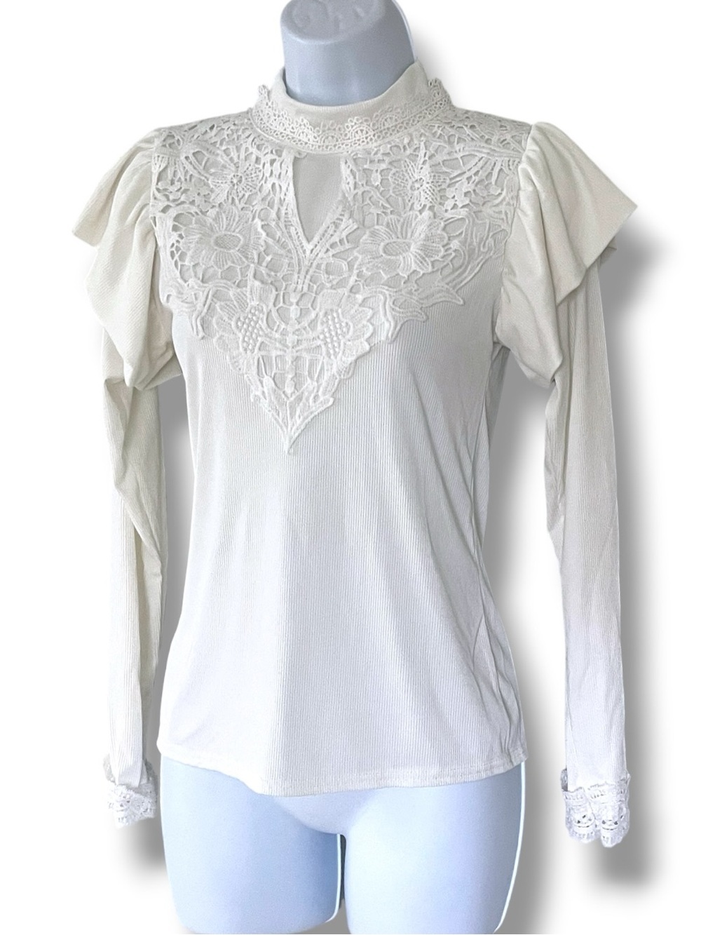 Vintage Inspired White Lace Mock Neck Top Romantic Cottagecore Victorian Boho